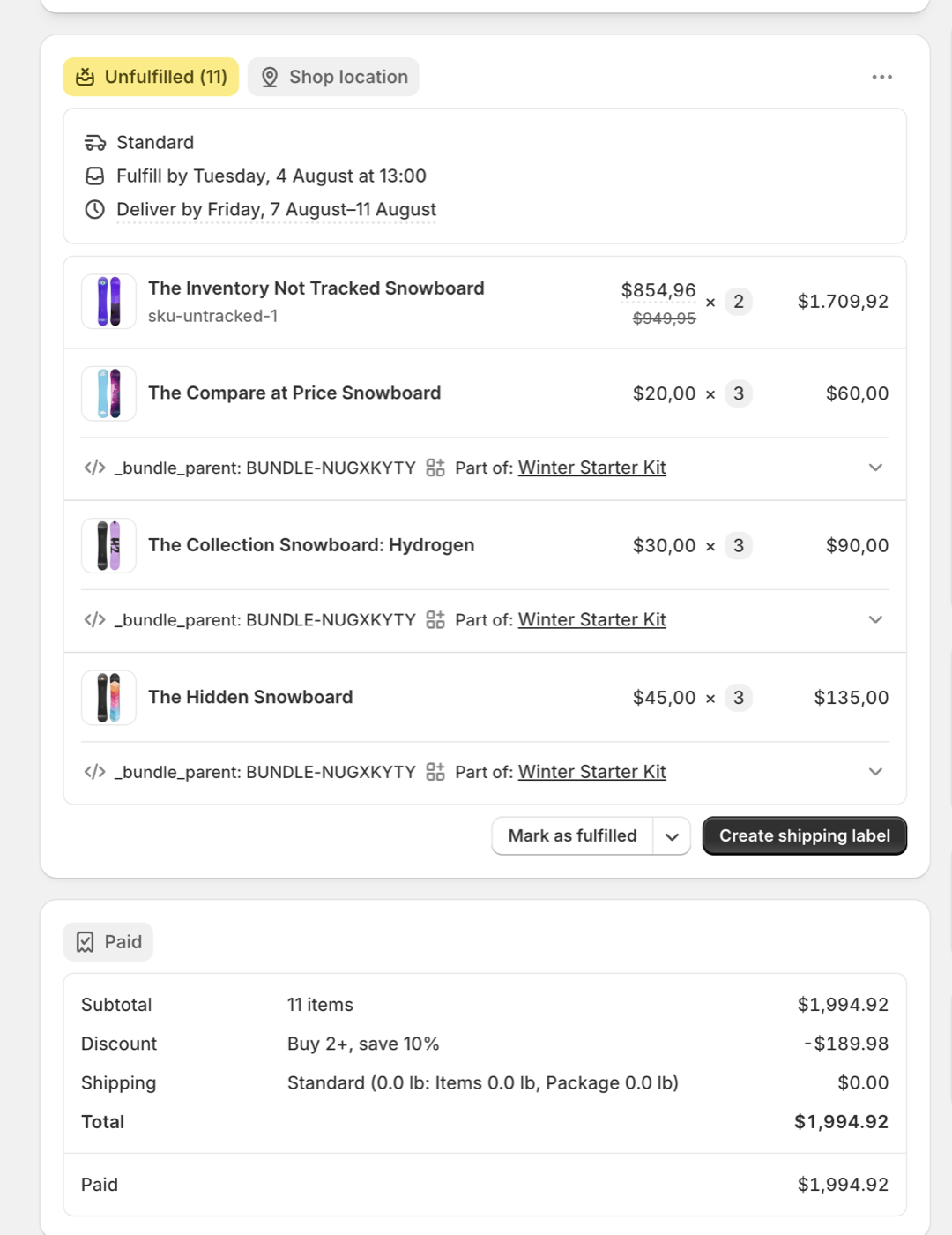 Shopify admin order detail showing bundle component line items, each with its own SKU and a Part of: Winter Starter Kit bundle reference
